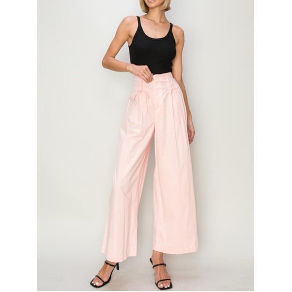 Pants - 253 • Peach 100% Cotton Poplin Wide Leg Lace Up Summer Weight Pants